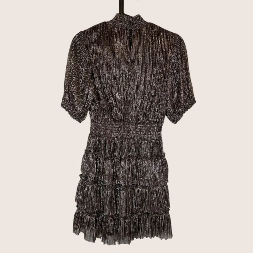 🌟 1 STATE METALLIC TIERED SMOCKED WAIST PUFF SHORT SLEEVE FULLY LINED DRESS XS - Picture 5 of 8